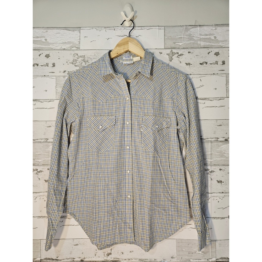 Vintage Levi Strauss Womens Plaid Western Shirt Snap Pearl Blue Yellow Size 14